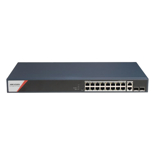 Switch Gigabit PoE+ / Administrable / 16 Puertos 1000 Mbps PoE+ (4 Puertos PoE++ 90 W) / 2 Puertos 1000 Mbps de Uplink / 2 Puertos SFP / Configuración Nube Hik-PartnerPro / Modo Extendido hasta 300 Metros / 230 W