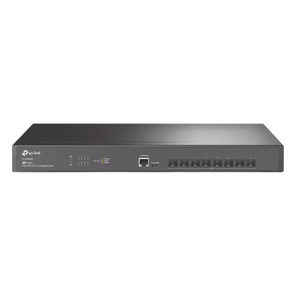 Switch Fibra Óptica L2+ Omada / 8 Puertos SFP+ 10G /  2 Puertos Consola (RJ45 y micro-USB) / Administración Centralizada Omada o Stand-Alone / Multicast IGMP / Calidad de Servicio / Montaje en Rack / Silencioso (sin ventiladores)