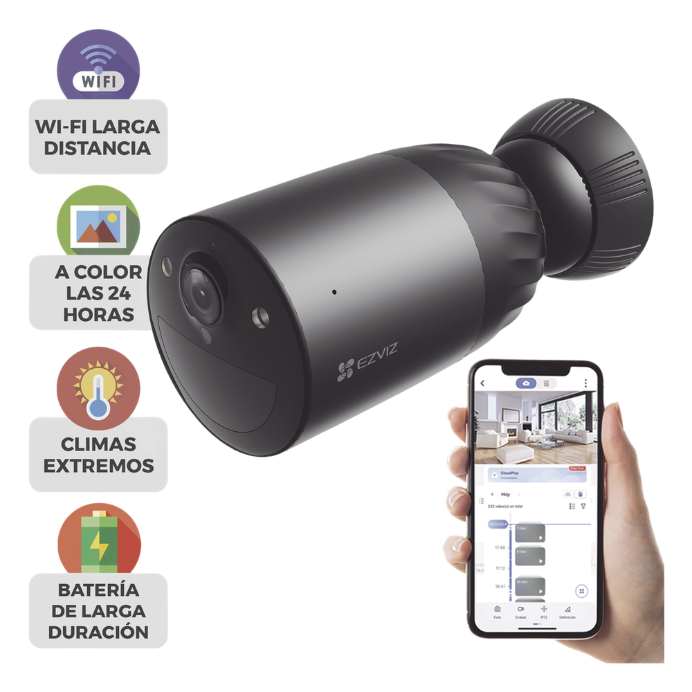 Cámara WIFI / 4K / Batería Recargable Compatible con Panel Solar CS-CMTSOLARPANEL-E/ 2.8mm / Conector Tipo C / Audio Dos Vías / Visión Nocturna en Color / Protección IP65/ Ranura para Memoria 512 GB