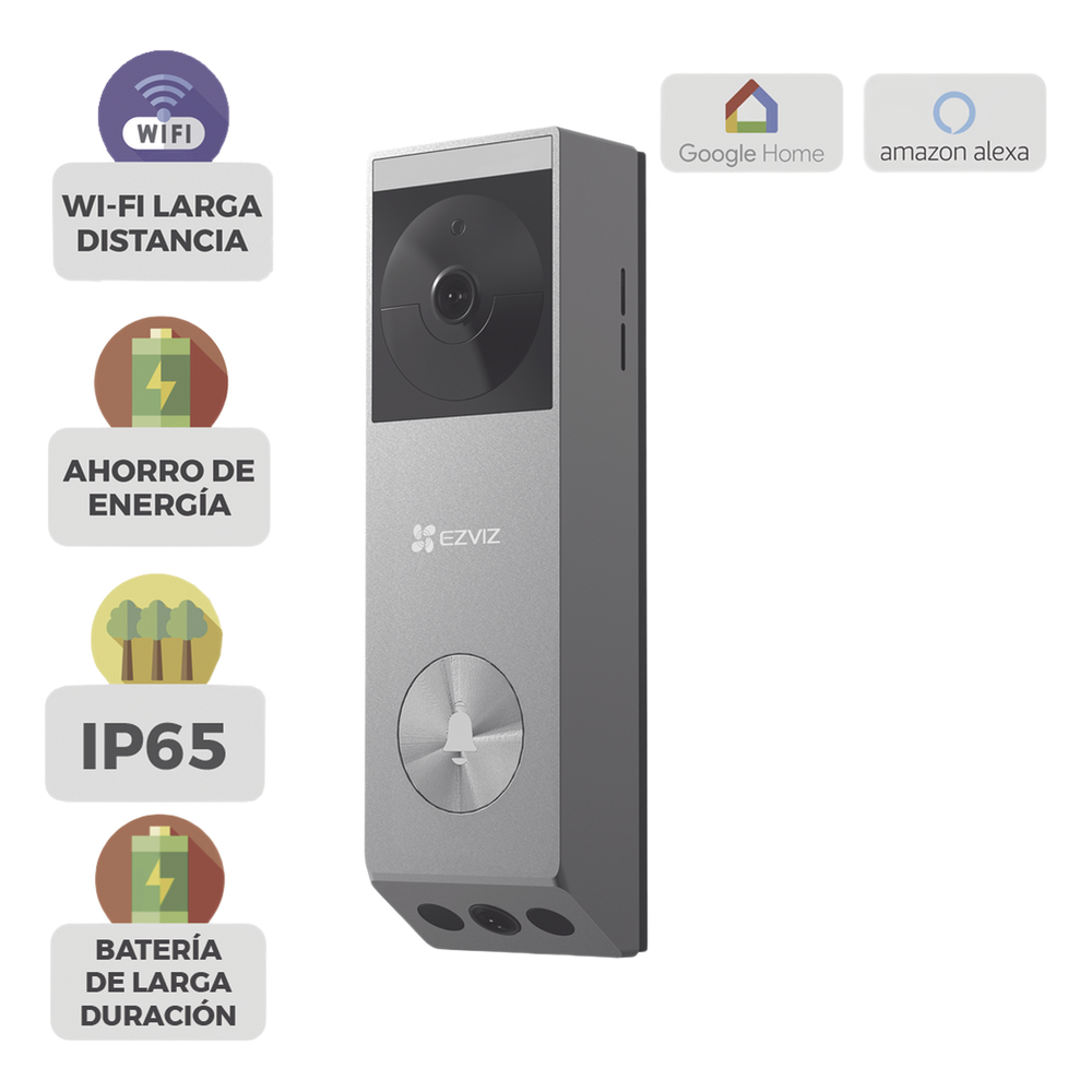 Doorbell de Batería Recargable con Transformador de 5Vcc o Panel Solar (Incluye Panel) / 3 megapíxel / Doble Lente / Protección IP65 / Audio de Dos Vías