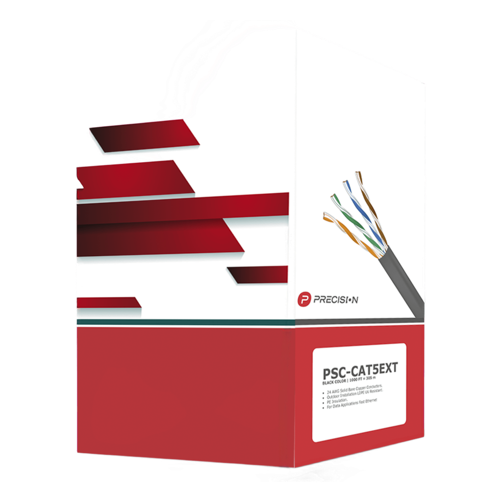 Bobina de Cable de UTP de 4 Pares Cat5e de 305 Metros (1000 Pies), 100% Cobre, LDPE Resistente a Rayos UV, Color Negro, 24 AWG, Uso en Exterior, Para Aplicaciones de Voz, Datos y Video