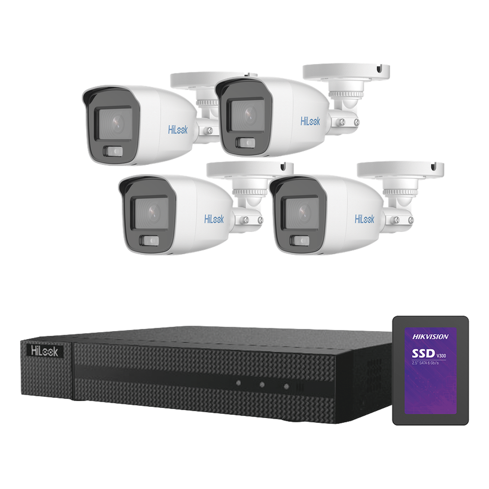 Kit TurboHD 1080p + SSD 1 TB / DVR 4 Canales / 4 Cámaras Bala ColorVu con Micrófono Integrado / Fuente de Poder / Accesorios de Instalación