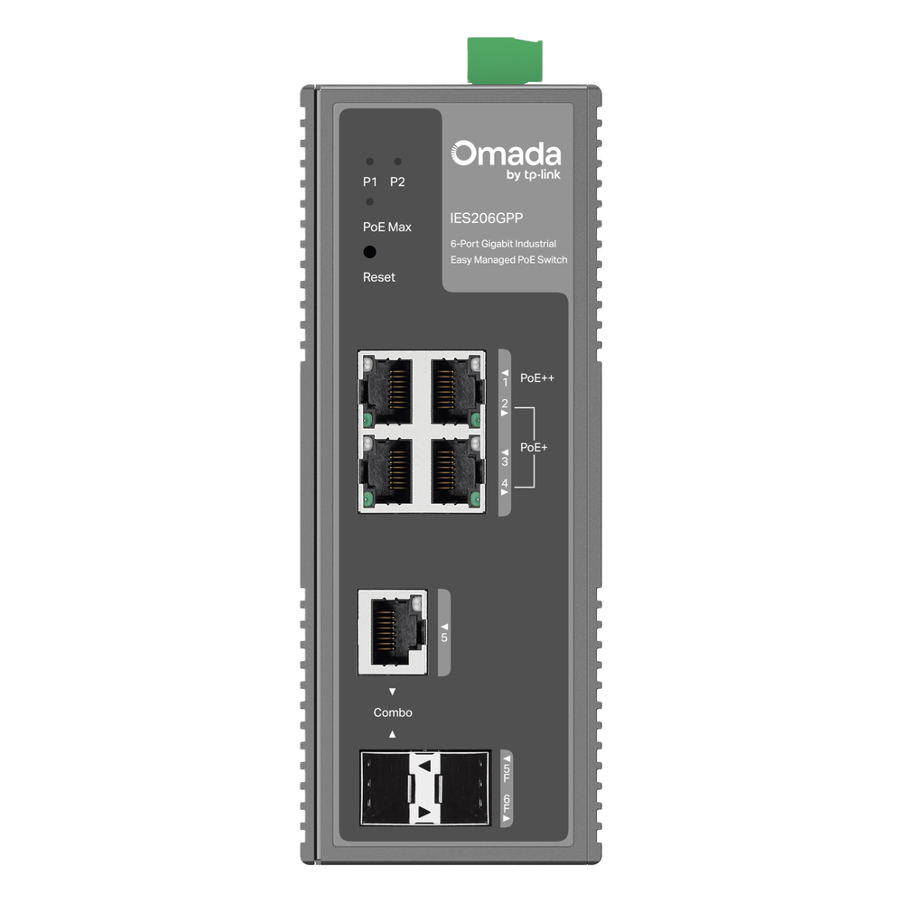 Switch Industrial Easy Managed / 6 Puertos Gigabit (4 PoE) / 120W PoE Budget / IP40 / -40°C a 75°C / 6kV Protección Rayos / Cloud Management Omada / DIN-Rail