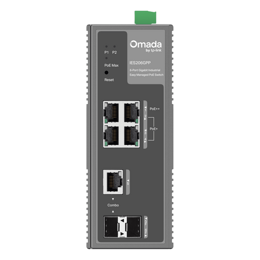 Switch Industrial Easy Managed / 6 Puertos Gigabit (4 PoE) / 120W PoE Budget / IP40 / -40°C a 75°C / 6kV Protección Rayos / Cloud Management Omada / DIN-Rail