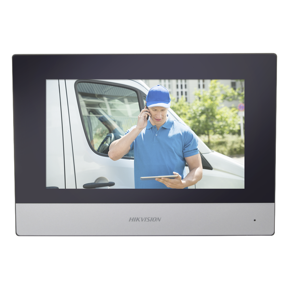 Monitor Hibrido IP WiFi Touch Screen 7" para DS-KIS303P / Vídeo en Vivo / PoE Estándar / Apertura Remota / Llamada Entre Monitores / Audio de dos vías / Policarbonato
