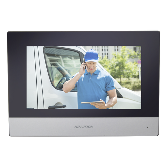 Monitor Hibrido IP WiFi Touch Screen 7" para DS-KIS303P / Vídeo en Vivo / PoE Estándar / Apertura Remota / Llamada Entre Monitores / Audio de dos vías / Policarbonato