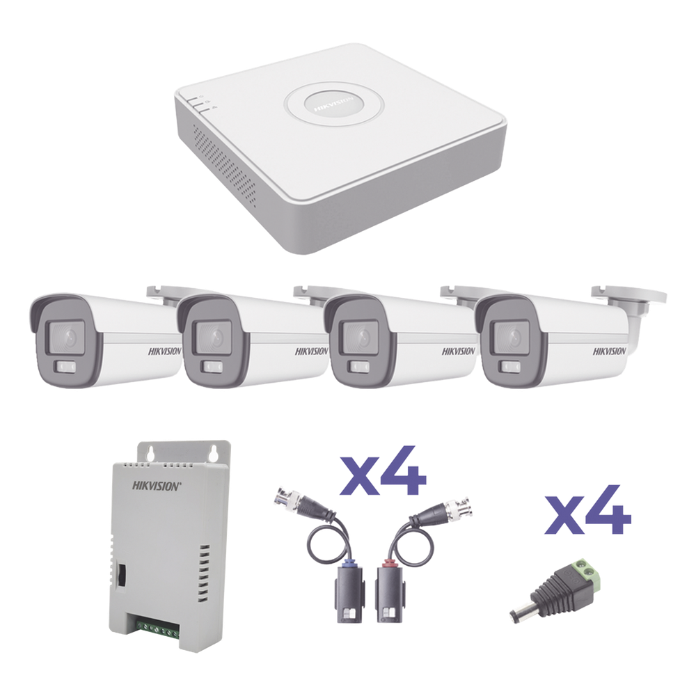 KIT COLORVU TURBOHD 1080p Lite / DVR 4 Canales / 4 Cámaras Bala (exterior 2.8 mm) / Transceptores / Conectores / Fuente de Poder Profesional