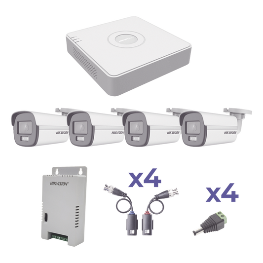 KIT COLORVU TURBOHD 1080p Lite / DVR 4 Canales / 4 Cámaras Bala (exterior 2.8 mm) / Transceptores / Conectores / Fuente de Poder Profesional