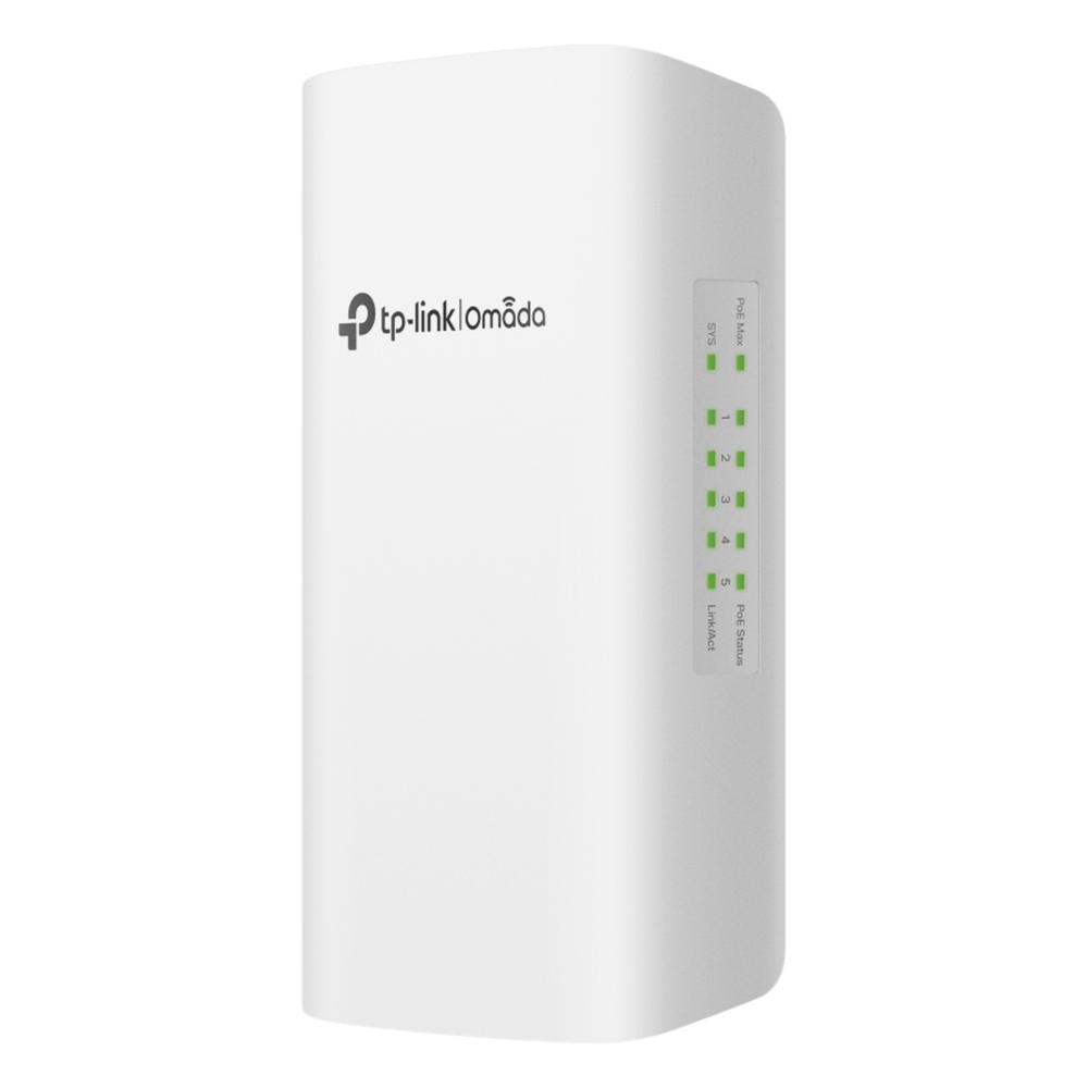 Switch PoE Omada Para Exterior / 1 Puerto PoE++ IN 802.3 af/at/bt / 4 Puertos PoE+ OUT Gigabit / Adminstración Centralizada Omada