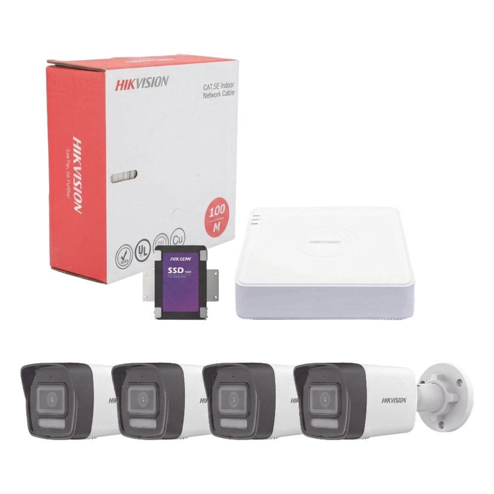 Kit IP 4 Megapixel / NVR de 4 Canales con 4 Puertos PoE / 4 Cámaras IP Bala Dual Light (IR + Luz Blanca) con Microfono Integrado y ACUSENSE Lite para Exterior/ Bobina de Cable de 100 mts / SSD de 1 TB