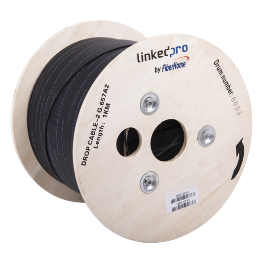 Carrete de 1 km de Fibra Óptica Drop, Interior/Exterior G.657A2 Monomodo de 2 Hilos (Bifibra), Diseñada para Fusionarse, Dieléctrica, Forro Negro, (No Soporta Conectores Mecánicos)