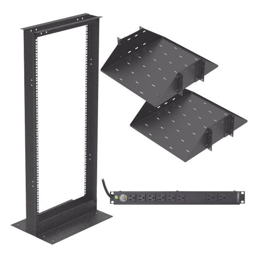 Kit de Rack Estándar 19", 24 UR con 2 Charolas  y PDU (8 tomas). Ideal para UPS y Servidores tipo Torre.