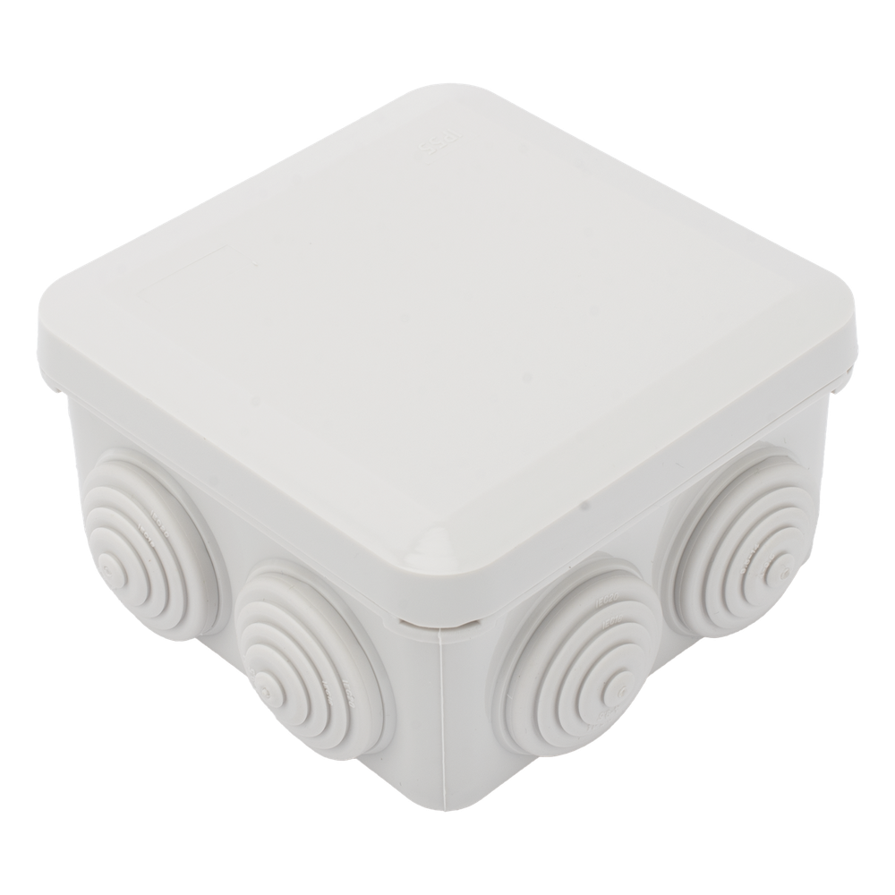 Caja Estanca, Derivación, Conexión de Plástico (89 X 89 X 50 mm) con 7 Glándulas de Goma. Para Instalaciones Comerciales,  Residenciales e Industriales. Cerrado a Presión.