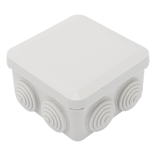 Caja Estanca, Derivación, Conexión de Plástico (89 X 89 X 50 mm) con 7 Glándulas de Goma. Para Instalaciones Comerciales,  Residenciales e Industriales. Cerrado a Presión.