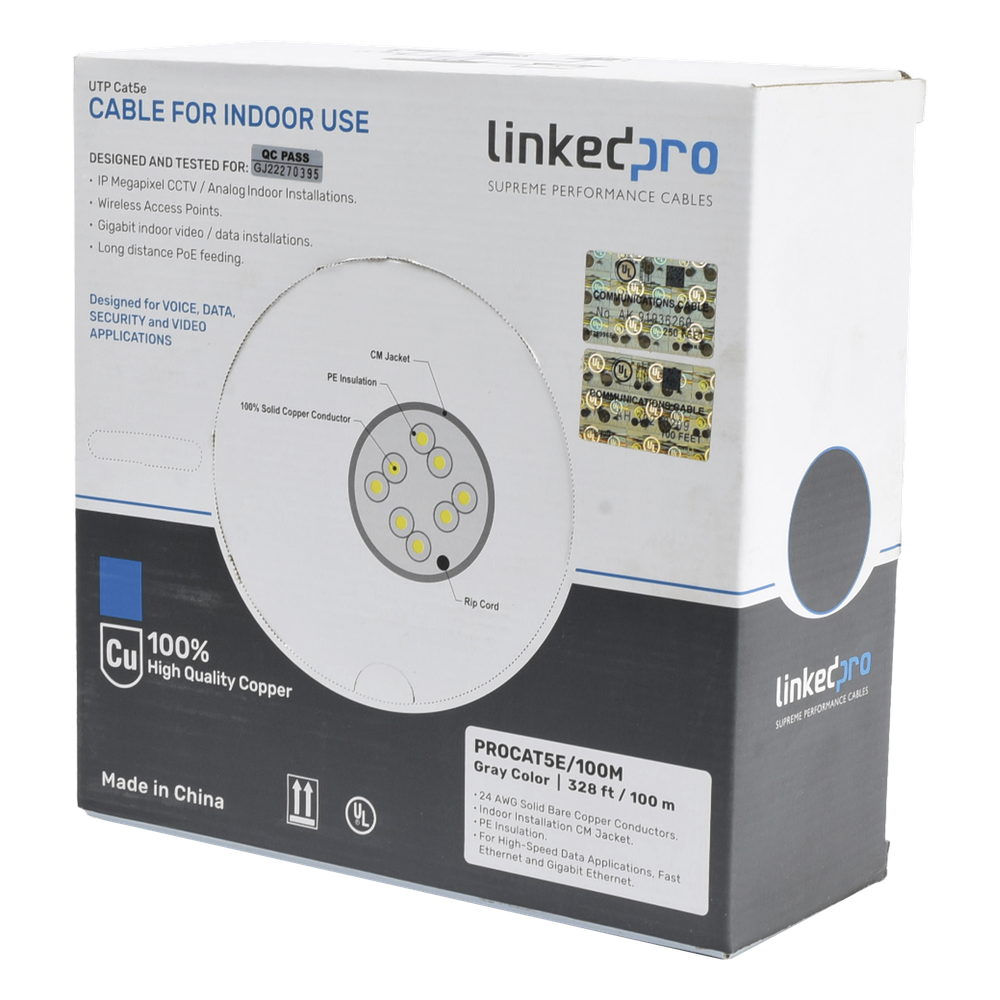 Cable Cat5e de Alto Rendimiento, con Certificaciones ETL, UL, Color Gris, de 100 Metros (328 Pies) para Aplicaciones en CCTV, Redes de Datos. Uso Interior.