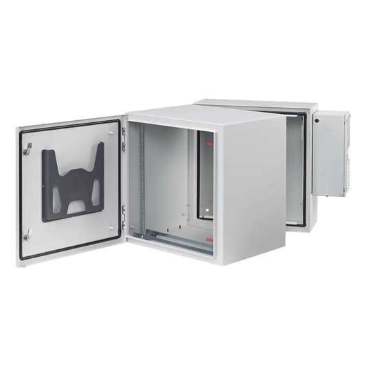 Gabinete Industrial ProTek de 12 UR Puerta Sólida de 612 x 600 x 789 mm Con Aire Acondicionado de 2000 BTU, Protección NEMA Tipo 4/12; IP66; IK10, Abatible, Fabricado en Acero, Color Gris Claro