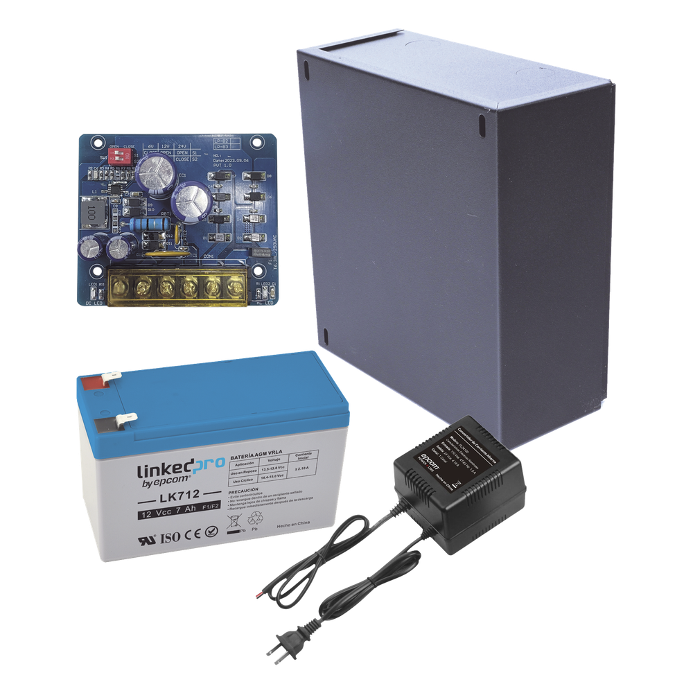 Kit con fuente PLB2 con salida de 12 Vcc a 2.5 Amper, incluye transformador y batería de 12 V a 7 Amper