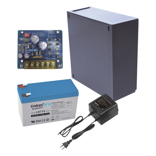 Kit con fuente PLB2 con salida de 12 Vcc a 2.5 Amper, incluye transformador y batería de 12 V a 7 Amper