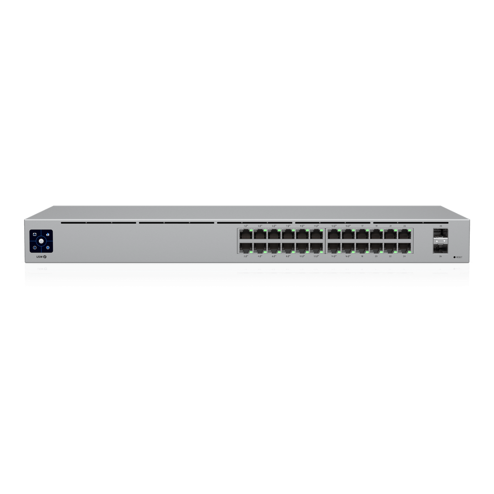 Switch UniFi Capa 2 / 24 Puertos Gigabit / 16 Puertos PoE+ 802.3af/at / 95W Total / 2 Puertos SFP 1G / Pantalla LCM / Sin Ventilador