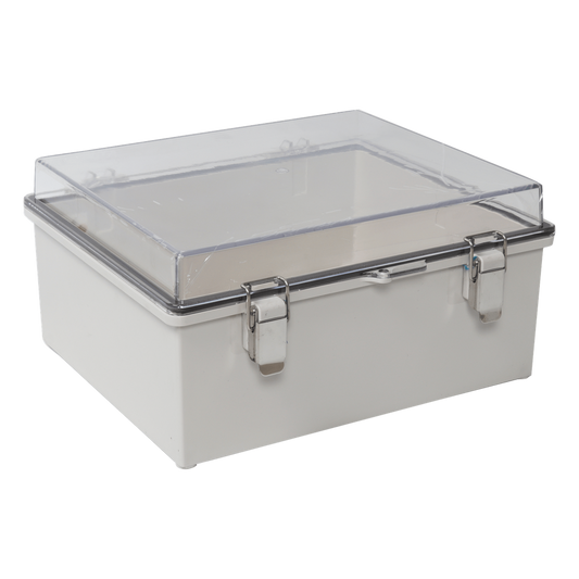 Gabinete Plástico ABS, Puerta Transparente, Uso en Intemperie IP66 (190 x 290 x 140 mm) cierre por Broche Inoxidable y Permite Cerrado con Candado y Llave (Perno 5mm) No Incluido