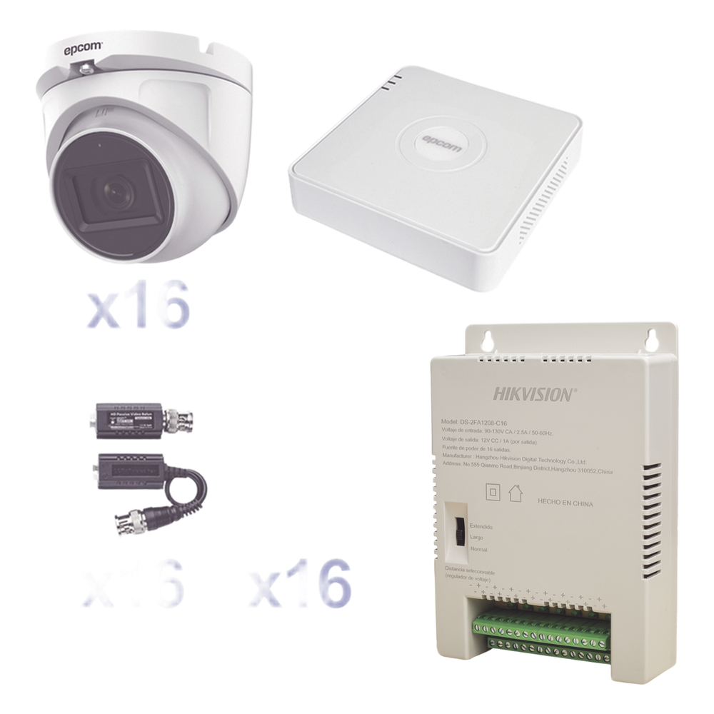 KIT TurboHD 1080p Lite / DVR 16 Canales / 16 Cámaras Eyeball  Exterior ( 2.8mm) / Transceptores / Conectores / Fuente de Poder Profesional