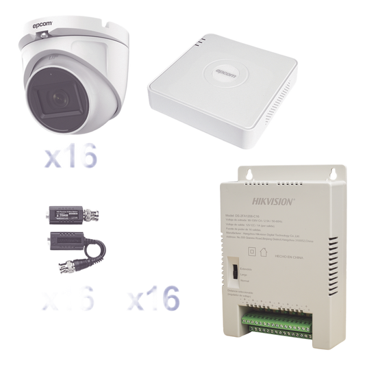 KIT TurboHD 1080p Lite / DVR 16 Canales / 16 Cámaras Eyeball  Exterior ( 2.8mm) / Transceptores / Conectores / Fuente de Poder Profesional