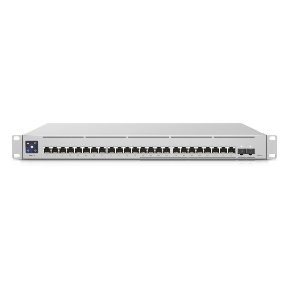 UniFi Switch Empresarial Capa 3 de 24 puertos PoE 802.3af/at (12 puertos 2.5G y 12 puertos 1G) + 2 puertos 1/10G SFP+, 400W, pantalla informativa