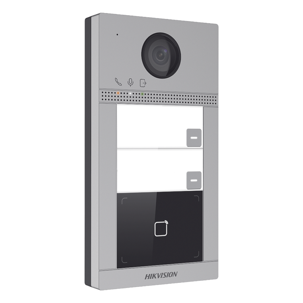 Videoportero IP 2 Megapixel / Llamada y Apertura Remota desde App Hik-Connect (requiere monitor) / PoE / Exterior IP65 + Antivandalico IK08 / 2 Departamentos / Apertura con Tarjeta / Soporta 2 Puertas y hasta 6 Monitores