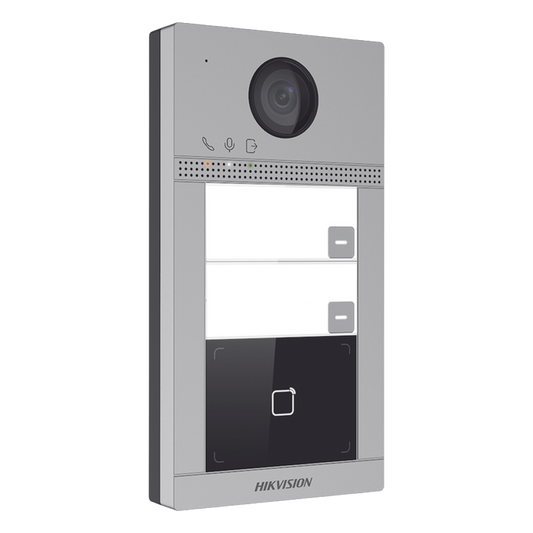 Videoportero IP 2 Megapixel / Llamada y Apertura Remota desde App Hik-Connect (requiere monitor) / PoE / Exterior IP65 + Antivandalico IK08 / 2 Departamentos / Apertura con Tarjeta / Soporta 2 Puertas y hasta 6 Monitores