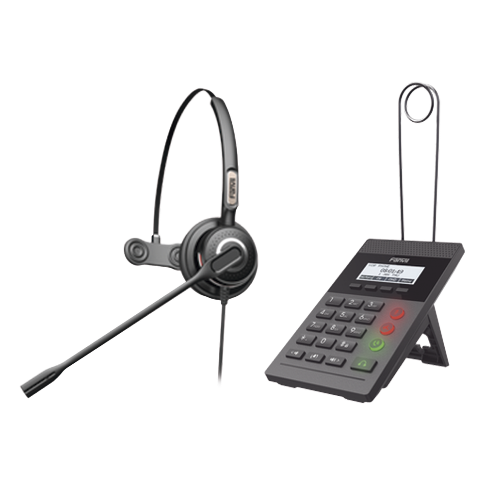 Kit Fanvil para Call Center incluye teléfono IP X2CP Y diadema HT201 y fuente de alimentación.