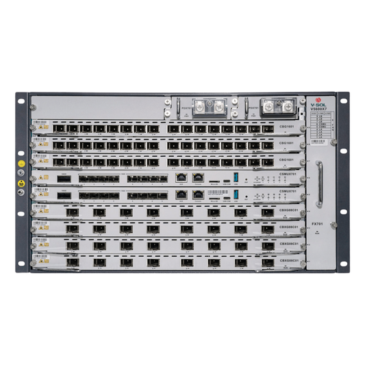 OLT Modular tipo Chasis GPON/XGS-PON Combo, 7 Ranuras de Servicio, Incluye 1 Tarjeta de Servicio de 16 puertos GPON