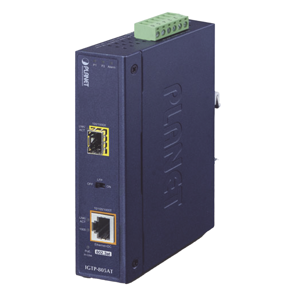 Convertidor de Medios PoE Industrial, Puerto SFP 1000BASE-SX/LX a Puerto RJ45 Gigabit con Salida PoE 802.3at (Hasta 30 W).
