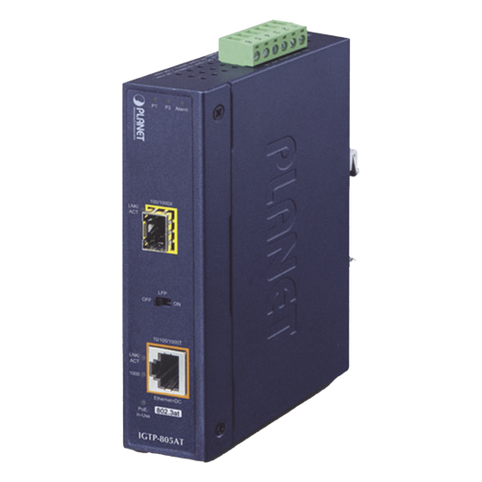 Convertidor de Medios PoE Industrial, Puerto SFP 1000BASE-SX/LX a Puerto RJ45 Gigabit con Salida PoE 802.3at (Hasta 30 W).