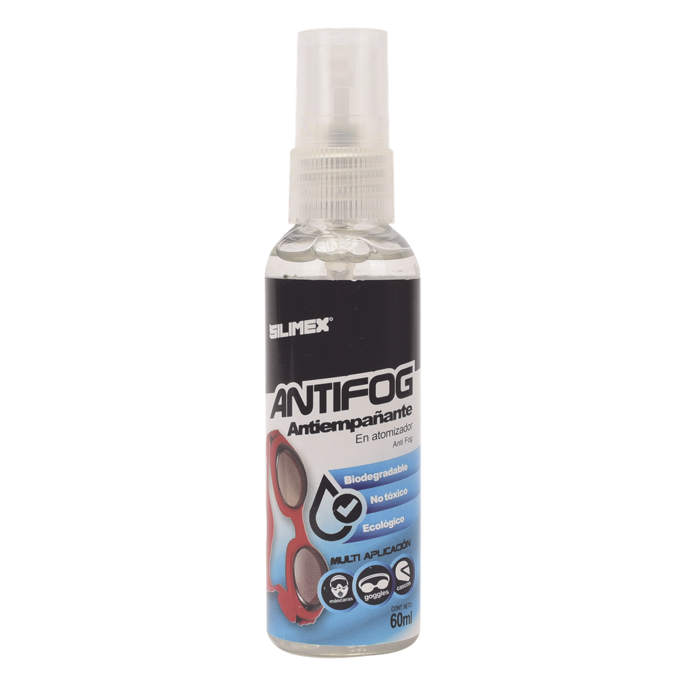 Antiempañante, ideal para eliminar problemas de empañamiento en googlees, mascaras, cascos, lentes, bote 60 ml
