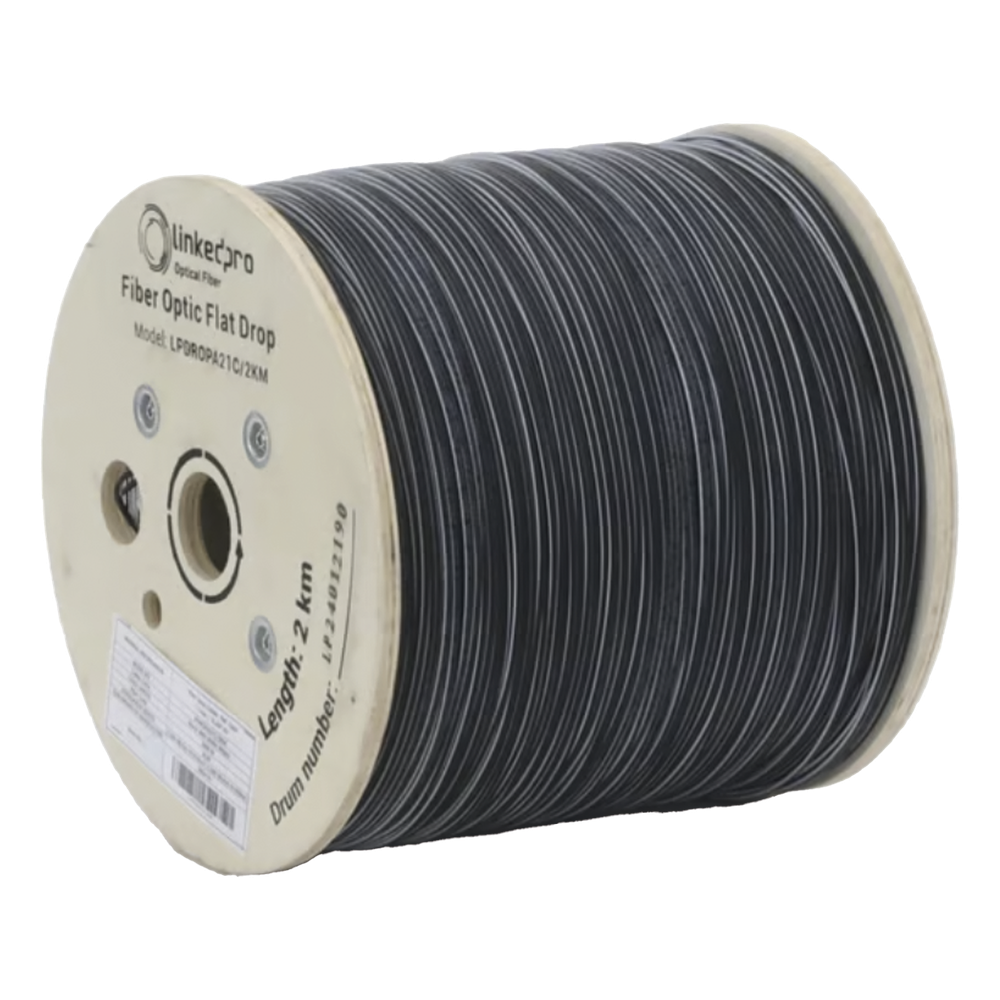 Carrete de 2 Kilómetros de Fibra Óptica Drop Plana, Interior/Exterior G.657A2 Monomodo de 1 Hilo (Unifibra), Dieléctrica, Forro Negro, Compatible con Conectores FASC, FASCUP, FASCLC