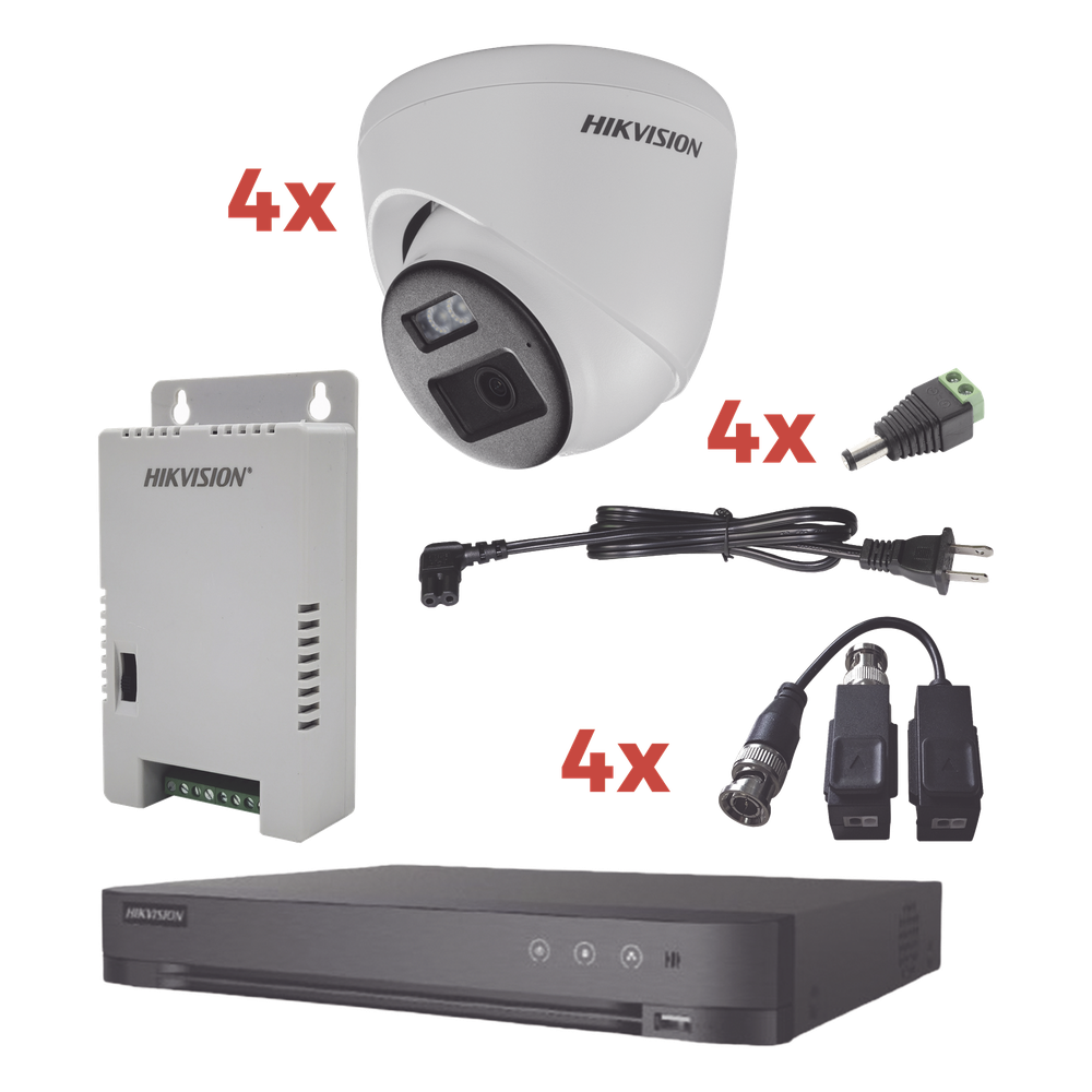 Kit Audio Bidireccional TurboHD 1080p / DVR 4 Canales / 4 Cámaras Eyeball (Exterior) con Bocina y Microfóno Integrado / 1 Fuente de Poder / Accesorios