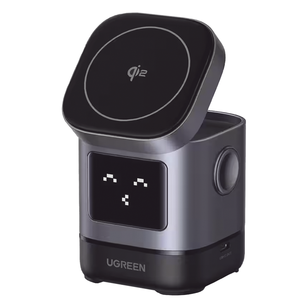 Cargador Inalámbrico Robot 2 en 1 UGREEN Qi2 / 15W Ultra Rápido para iPhone / 5W para AirPods / Pantalla Inteligente con Expresiones / Imanes N48H / Puerto USB-C 5W para Apple Watch / Compatibilidad MPP