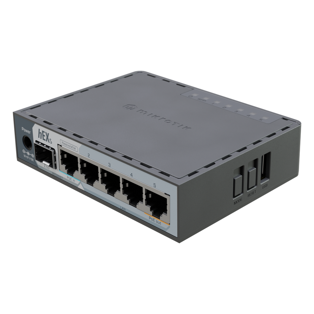 Router hEX S / 5 Puertos Gigabit Ethernet / 1 Puerto SFP 2.5G / Dual-Core ARM / 512 MB RAM / RouterOS V7 / PoE-In y PoE-Out / Montaje en Pared