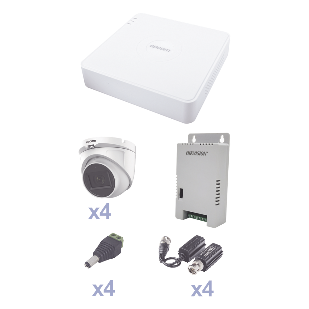 KIT TurboHD con Audio 1080p / DVR 4 Canales / 4 Cámaras Domo (exterior 2.8 mm) / Transceptores / Conectores / Fuente de Poder / AUDIO POR COAXITRON