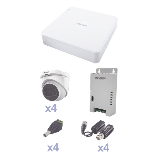 KIT TurboHD con Audio 1080p / DVR 4 Canales / 4 Cámaras Domo (exterior 2.8 mm) / Transceptores / Conectores / Fuente de Poder / AUDIO POR COAXITRON