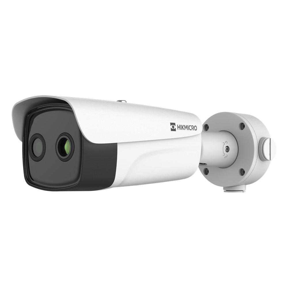 (HIKMICRO) Bala IP Bi-espectral / Térmica (384 X 288 / 9.7 mm) + Óptica (4 MP / 6.4 mm) / IA GUANLAN / Rango: -20°C a 650°C / 2°C Margen / Detección de Fuego y Humo / Alarma Visual y Audible / Dual Light / PoE / IP67 / Ant