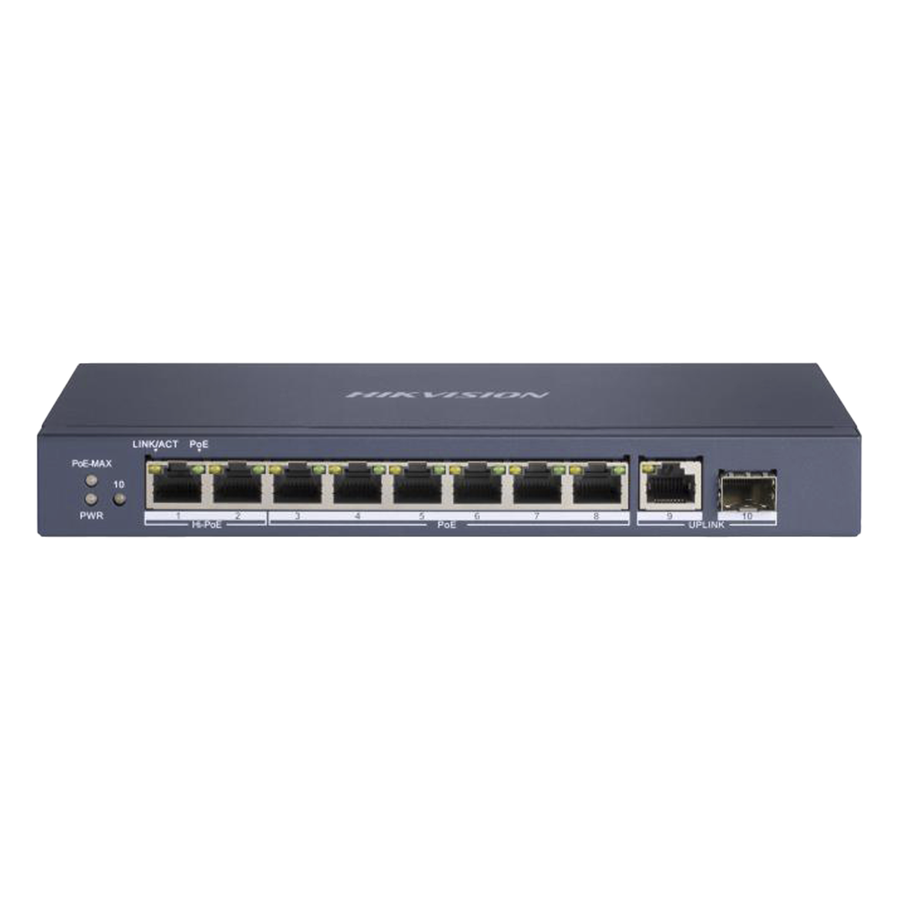 Switch PoE+ / No Administrable / 7 Puertos 1000 Mbps 802.3 af/at (30 W) / 2 Puertos 1000 Mbps Hi-PoE (90 W) / 1 Puertos 1000 Mbps Uplink / 1 Puerto SFP / Modo Extendido hasta 300 Metros / 110 Watts