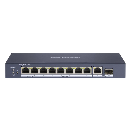 Switch PoE+ / No Administrable / 7 Puertos 1000 Mbps 802.3 af/at (30 W) / 2 Puertos 1000 Mbps Hi-PoE (90 W) / 1 Puertos 1000 Mbps Uplink / 1 Puerto SFP / Modo Extendido hasta 300 Metros / 110 Watts