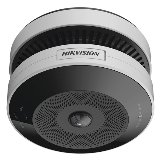 (HikFire) Mini Fisheye IP 4 Megapixel con Detector de Humo Puntual  / Autónomo / Entrada y Salida de Alarma / 15 mts IR / PoE / WDR 120 dB / Alarma de 85 dB / MicroSD 128GB / Compatible con Hik-Connect