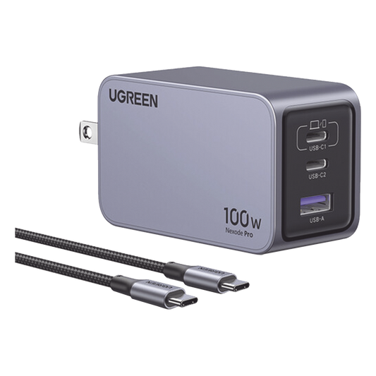 Cargador de 100W serie Nexode Pro | 3 Puertos de Carga Rápida | 2 USB-C | 1 USB-A | Tecnología GaNInfinity | PD3.1 de 100W / QC4.0 | Tecnología de Protección Térmica | Optimiza la Carga | Caja de Aluminio | Incluye Cable