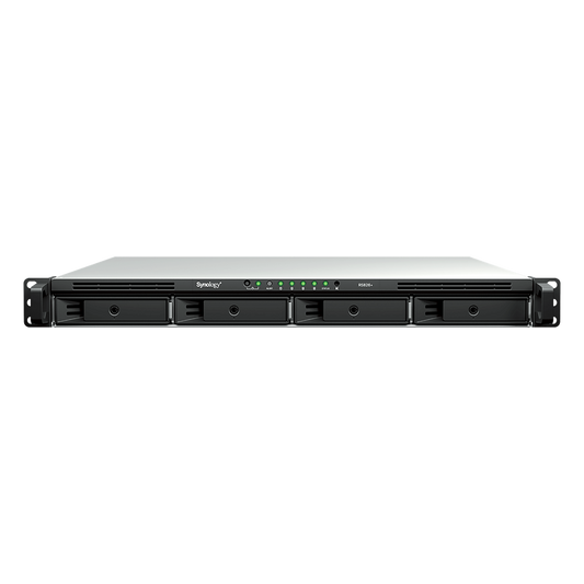 NAS Rackmount 4 Bahías / 1U 44 mm (1.73 in) / AMD Ryzen V1500B 4 Núcleos 2.2 GHz / 4GB DDR4 ECC SODIMM / 4x 1GbE RJ45 / PCIe 3.0 x8 / Escalable a 8 Bahías con RX426 / DSM / Storage Tiering