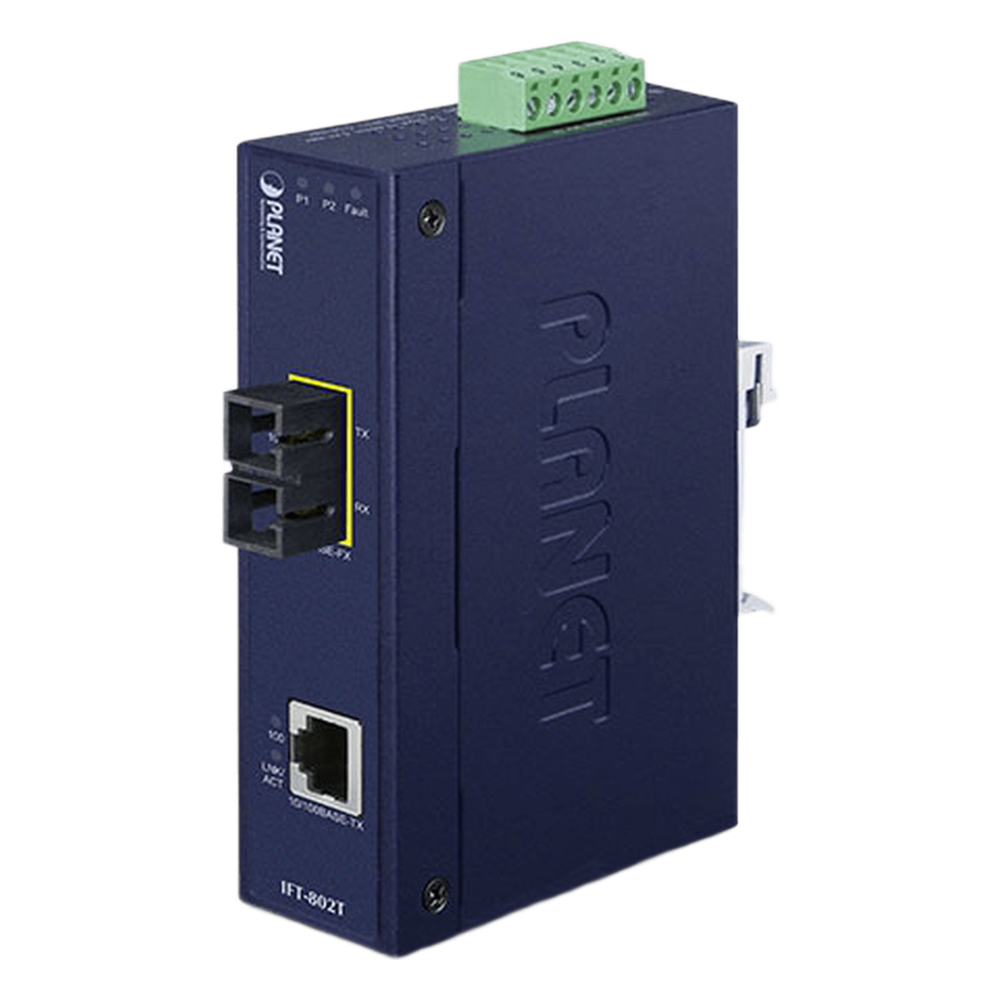 Convertidor de Medios Industrial, Multimodo, Puertos 10/100 Base-TX a 100 Base-FX, Interfaz SC, Hasta 2 km, Carcasa IP30, Soporta Temperatura de -40 a 75°C.