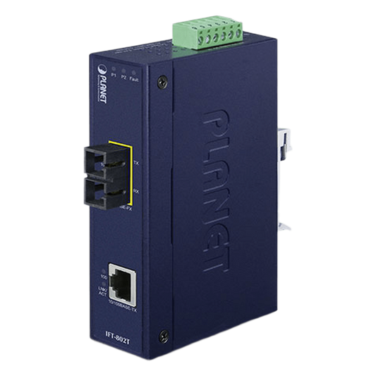 Convertidor de Medios Industrial, Multimodo, Puertos 10/100 Base-TX a 100 Base-FX, Interfaz SC, Hasta 2 km, Carcasa IP30, Soporta Temperatura de -40 a 75°C.