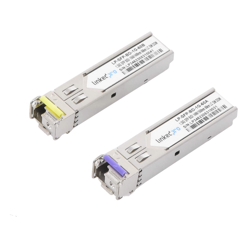 Transceptores Ópticos Bidireccionales SFP (Mini-Gbic) / Monomodo 1490 & 1550 nm / 1.25 Gbps / 1000BASE-BX / Conector LC/UPC Simplex / DDM / Hasta 60 km / 2 Piezas