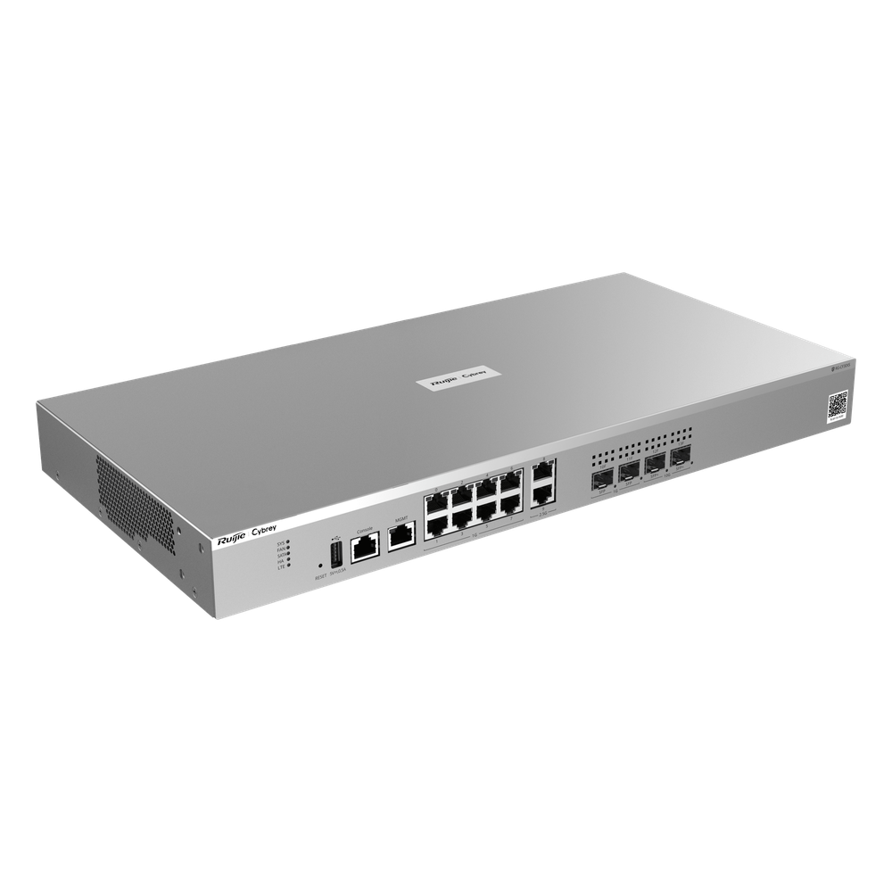 Firewall Next Generation / Empresarial / 9 Gbps Throughput / 8 Puertos Gigabit + 4 x 2.5G + 2 x SFP + 2 x SFP+ / Gestión Cloud / IPS + Antivirus + Application Control / Defensa DDoS / AI-Powered Security / Rack 1U 440 mm (17.32 in) / Ruijie Reyee Cybrey